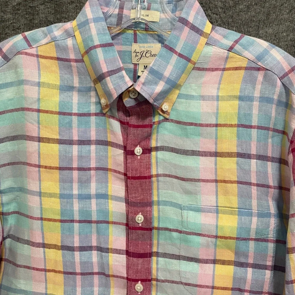 J Crew Irish Linen Baird‎ McNutt Button Up Shirt Men M Slim Plaid Preppy Coastal